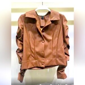 Venti6 Faux Leather Jacket With Ruched Sleeves